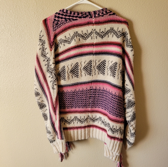 Wool Blend Boho Fringe Striped Cardigan Sweater, M - Picture 2 of 12
